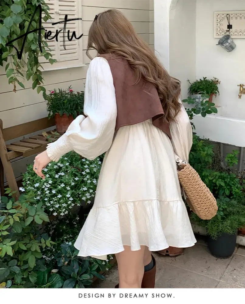 Aiertu Two Piece Autumn New Sweet Slim Dress Woman Ladies Elegant Loose Fashion Women Dress Chicly Street Apricot A-line Dresses Aiertu