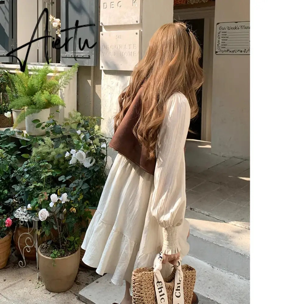 Aiertu Two Piece Autumn New Sweet Slim Dress Woman Ladies Elegant Loose Fashion Women Dress Chicly Street Apricot A-line Dresses Aiertu