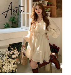 Aiertu Two Piece Autumn New Sweet Slim Dress Woman Ladies Elegant Loose Fashion Women Dress Chicly Street Apricot A-line Dresses Aiertu