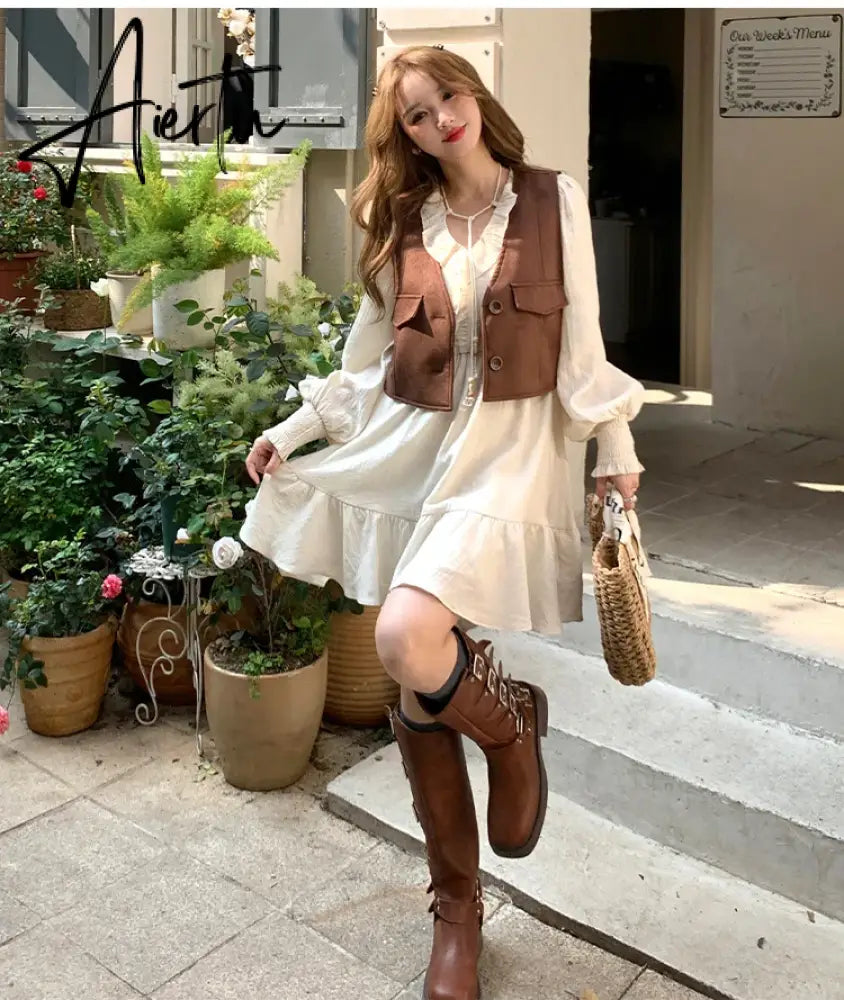 Aiertu Two Piece Autumn New Sweet Slim Dress Woman Ladies Elegant Loose Fashion Women Dress Chicly Street Apricot A-line Dresses Aiertu