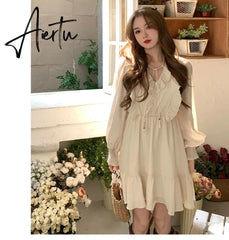 Aiertu Two Piece Autumn New Sweet Slim Dress Woman Ladies Elegant Loose Fashion Women Dress Chicly Street Apricot A-line Dresses Aiertu