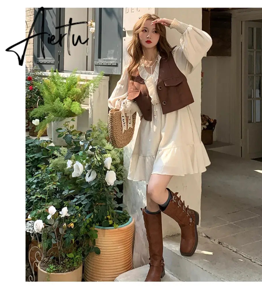 Aiertu Two Piece Autumn New Sweet Slim Dress Woman Ladies Elegant Loose Fashion Women Dress Chicly Street Apricot A-line Dresses Aiertu