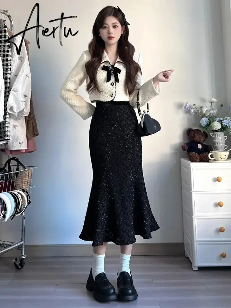 Aiertu Two Piece Set for Women Autumn Sweet Lapel Bow Short Coat Long Sleeve Slimming Half Skirt Set Korea Temperament Elegant Sets Aiertu