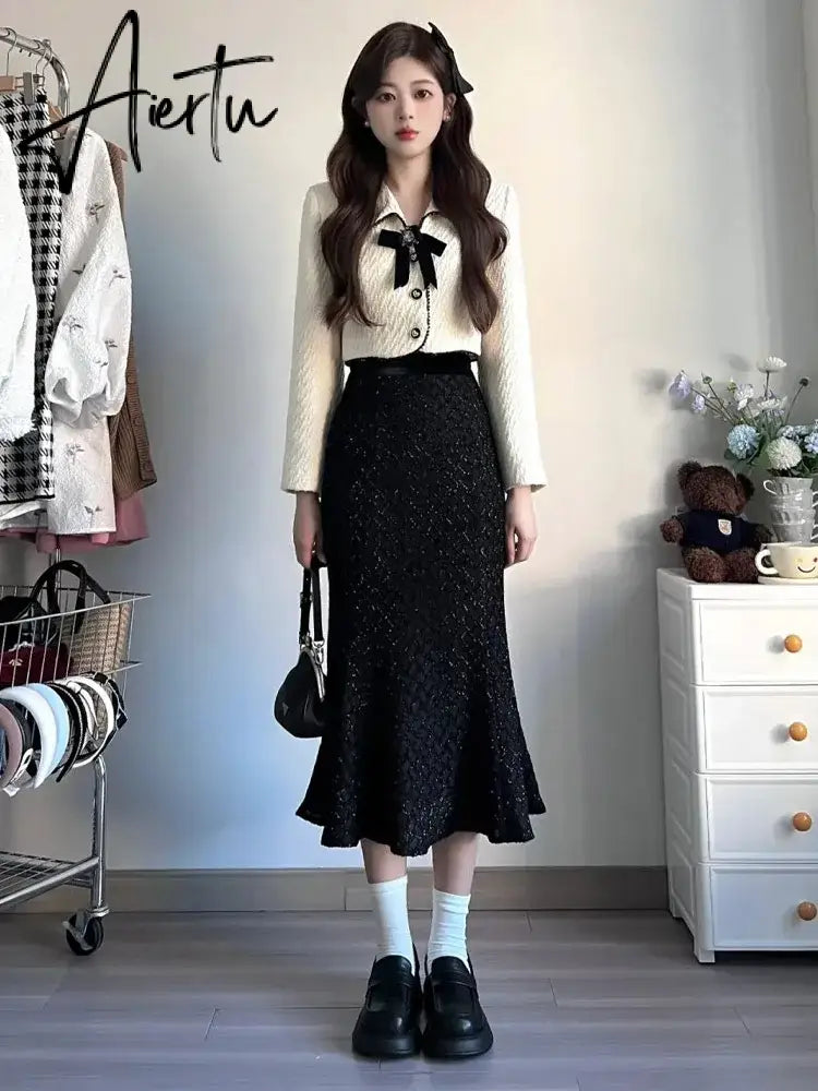 Aiertu Two Piece Set for Women Autumn Sweet Lapel Bow Short Coat Long Sleeve Slimming Half Skirt Set Korea Temperament Elegant Sets Aiertu