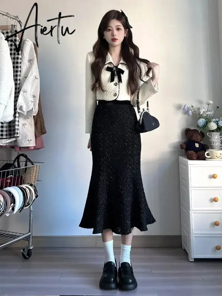 Aiertu Two Piece Set for Women Autumn Sweet Lapel Bow Short Coat Long Sleeve Slimming Half Skirt Set Korea Temperament Elegant Sets Aiertu