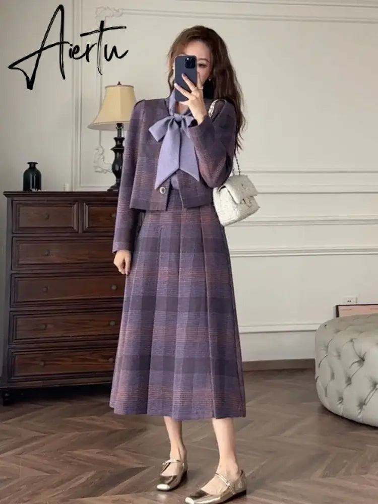 Aiertu Two Piece Sets Women Outfits Autumn Purple Plaid Woolen Jacket Coat Half Skirt Set Korean Fashion Vintage Chic Elegant Set Aiertu