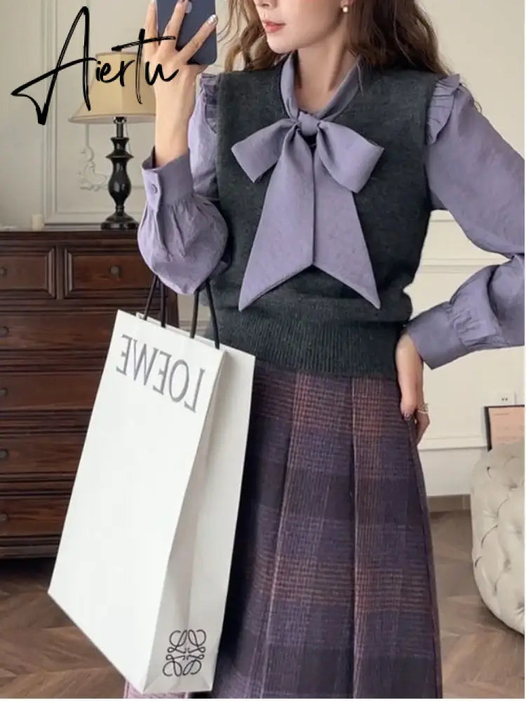 Aiertu Two Piece Sets Women Outfits Autumn Purple Plaid Woolen Jacket Coat Half Skirt Set Korean Fashion Vintage Chic Elegant Set Aiertu