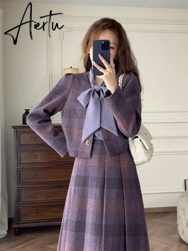 Aiertu Two Piece Sets Women Outfits Autumn Purple Plaid Woolen Jacket Coat Half Skirt Set Korean Fashion Vintage Chic Elegant Set Aiertu