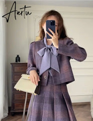 Aiertu Two Piece Sets Women Outfits Autumn Purple Plaid Woolen Jacket Coat Half Skirt Set Korean Fashion Vintage Chic Elegant Set Aiertu