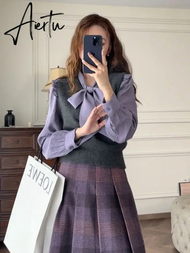 Aiertu Two Piece Sets Women Outfits Autumn Purple Plaid Woolen Jacket Coat Half Skirt Set Korean Fashion Vintage Chic Elegant Set Aiertu