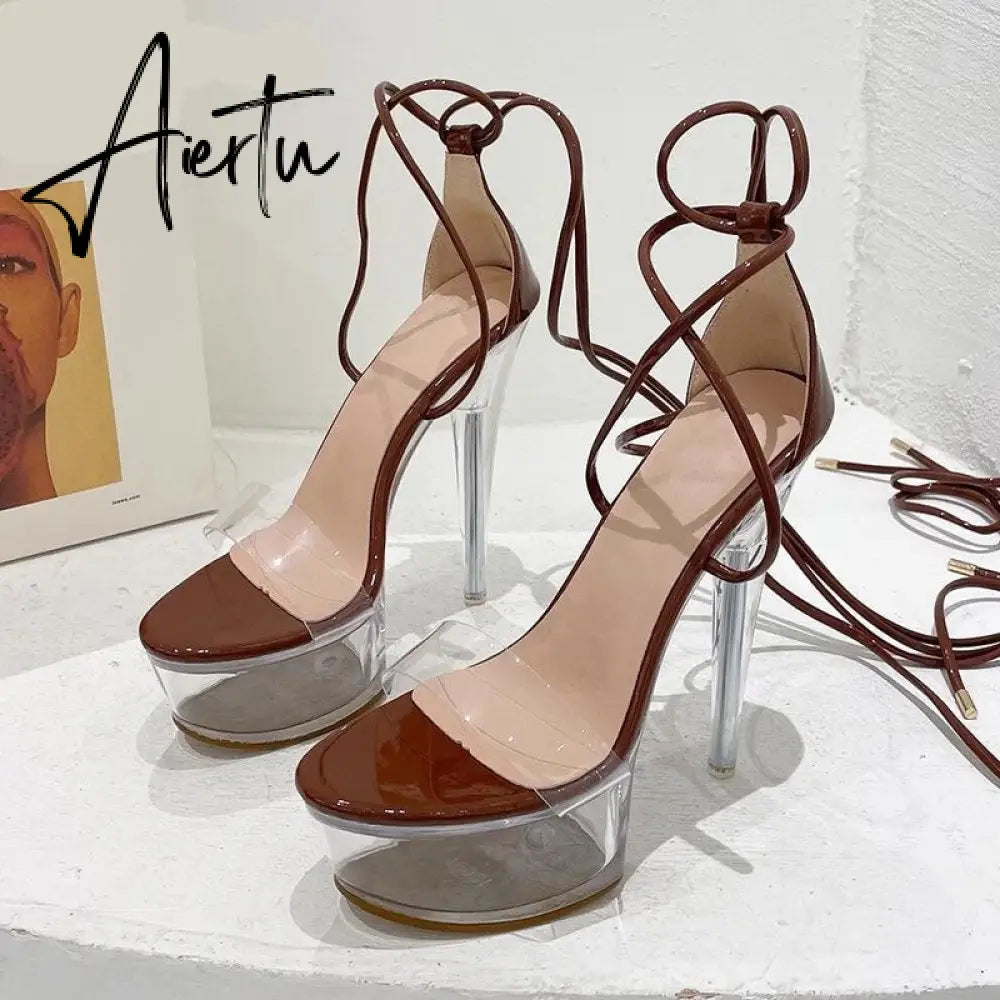 Aiertu Ultra High Crystal Platform Sandalias Peep toe Ankle-Wrap Buckle Strap NEW Women Shoes Summer nightclub Party Fashion Aiertu