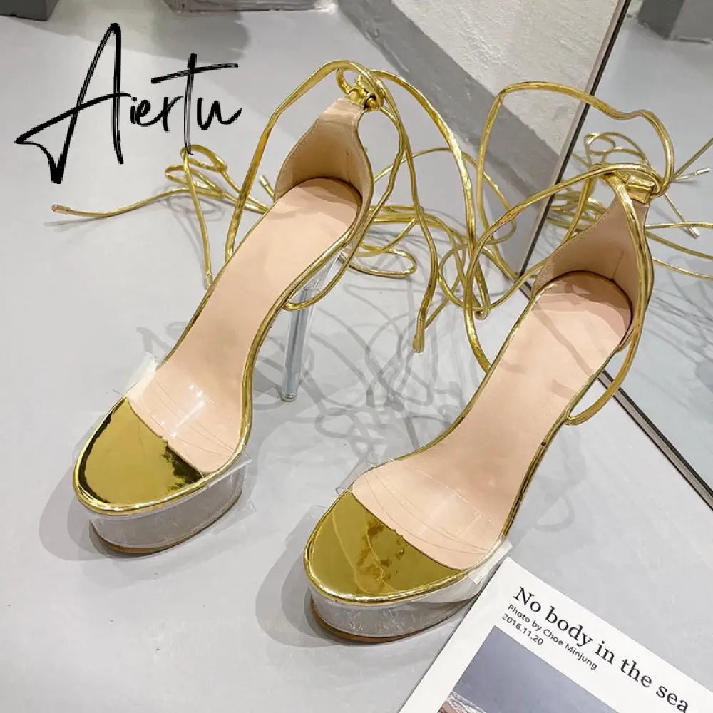 Aiertu Ultra High Crystal Platform Sandalias Peep toe Ankle-Wrap Buckle Strap NEW Women Shoes Summer nightclub Party Fashion Aiertu