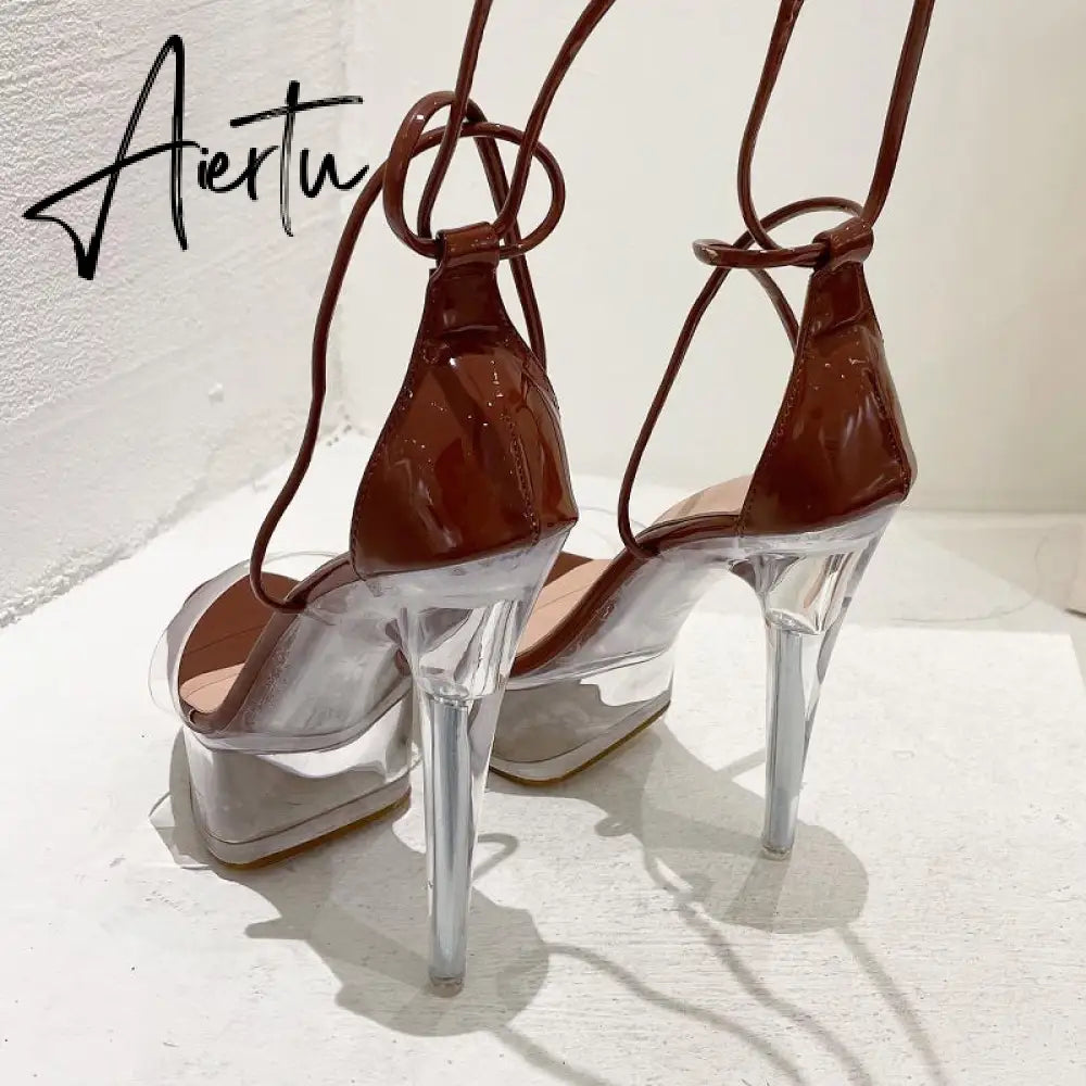 Aiertu Ultra High Crystal Platform Sandalias Peep toe Ankle-Wrap Buckle Strap NEW Women Shoes Summer nightclub Party Fashion Aiertu