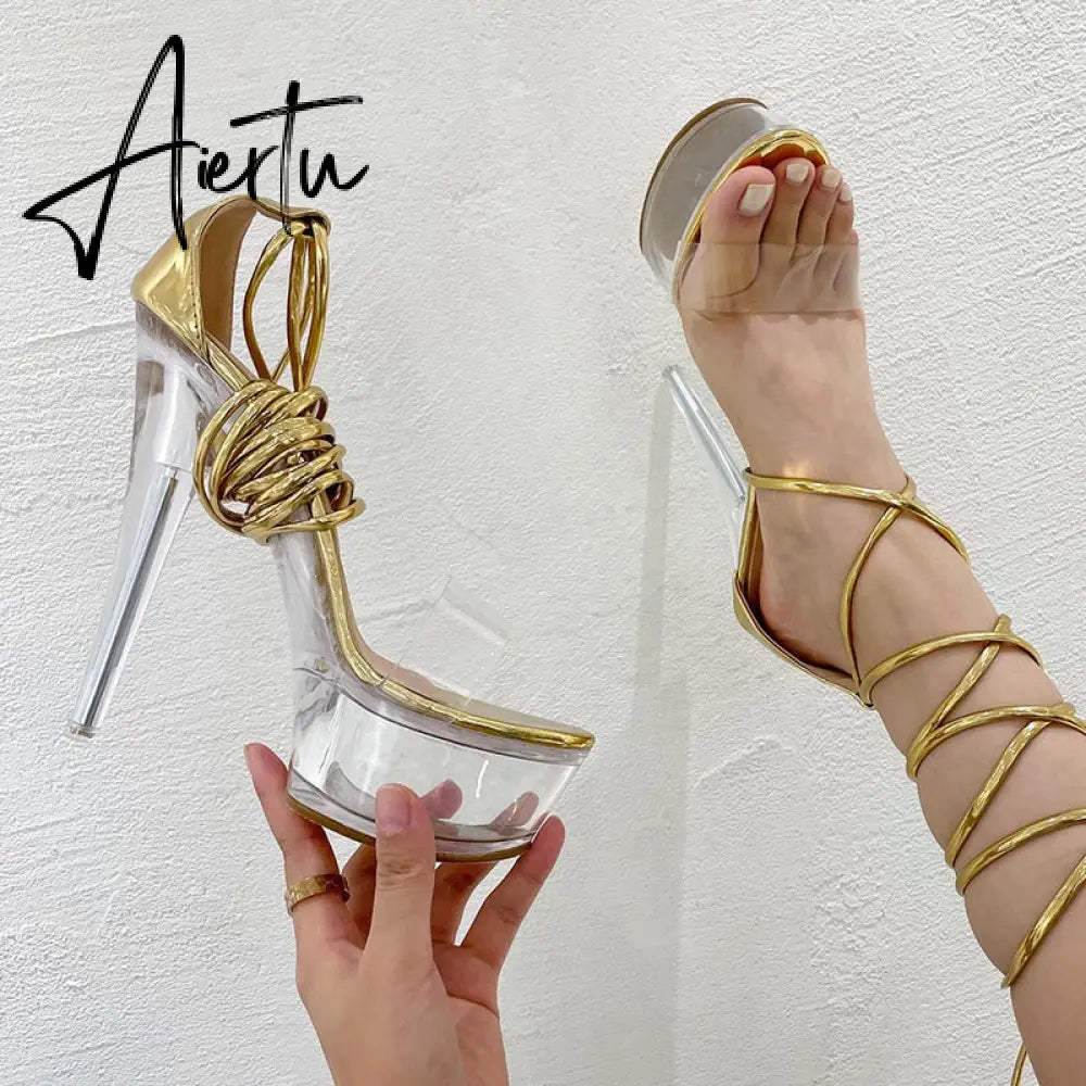 Aiertu Ultra High Crystal Platform Sandalias Peep toe Ankle-Wrap Buckle Strap NEW Women Shoes Summer nightclub Party Fashion Aiertu