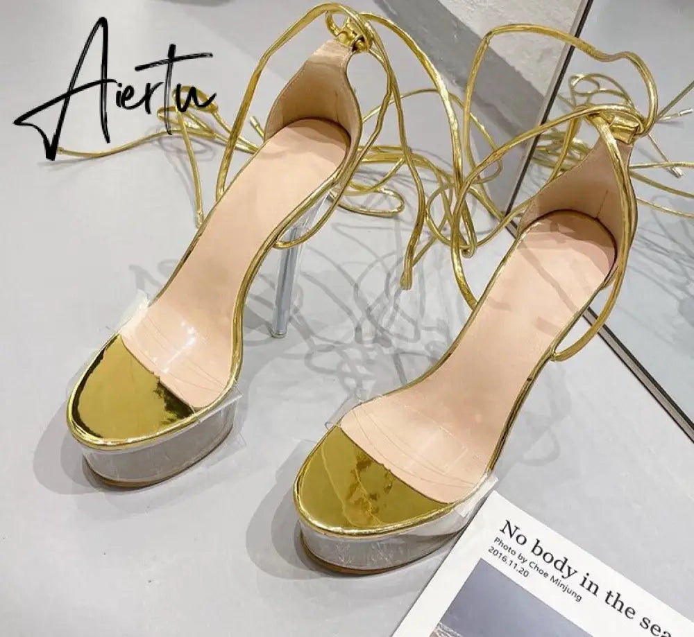 Aiertu Ultra High Crystal Platform Sandalias Peep toe Ankle-Wrap Buckle Strap NEW Women Shoes Summer nightclub Party Fashion Aiertu