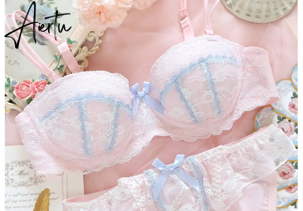 Aiertu Underwear sweet and cute lace lingerie with briefs set girl heart fresh steel ring gathered thin bra set large size bralette Aiertu