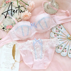 Aiertu Underwear sweet and cute lace lingerie with briefs set girl heart fresh steel ring gathered thin bra set large size bralette Aiertu