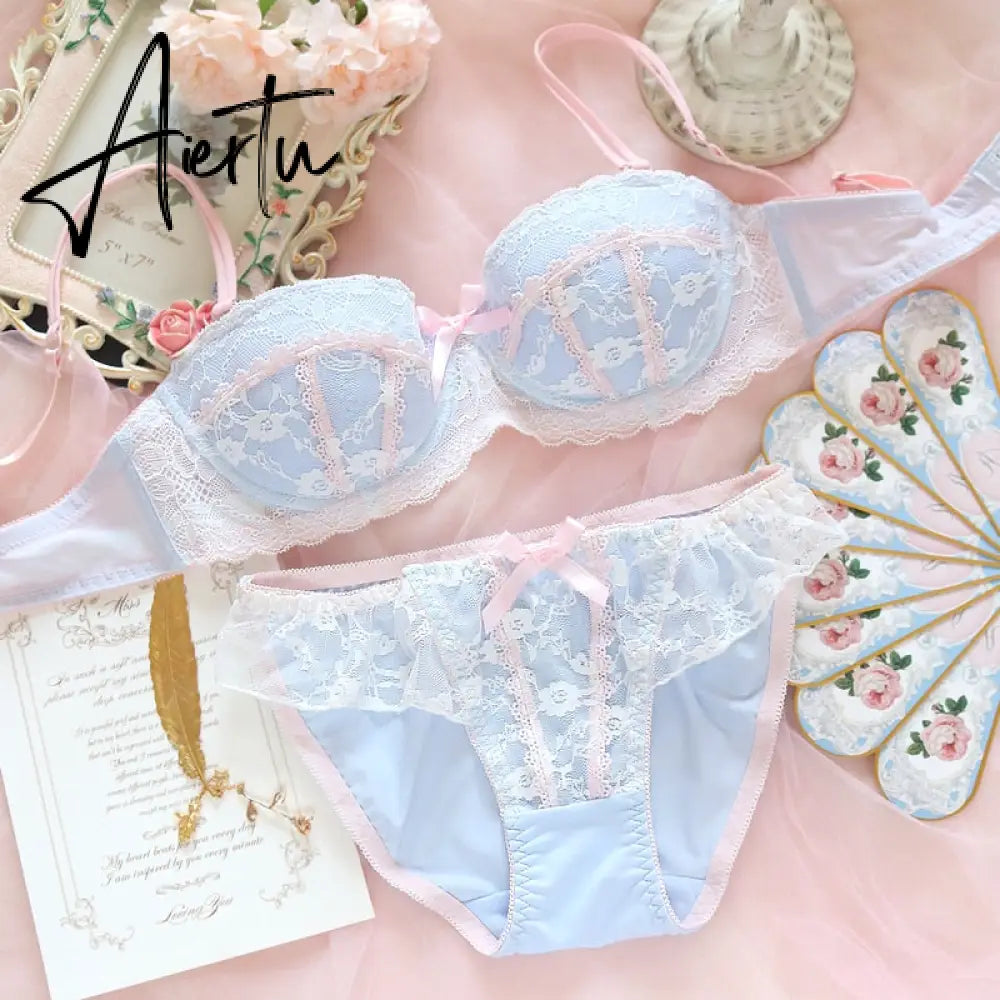 Aiertu Underwear sweet and cute lace lingerie with briefs set girl heart fresh steel ring gathered thin bra set large size bralette Aiertu