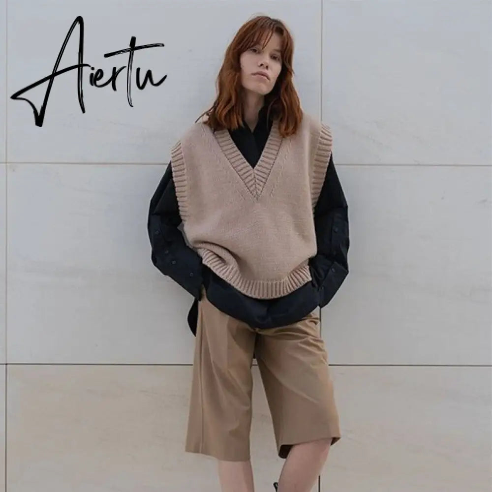 Aiertu V Neck Knitted Vest Sweater Sleeveless Women Khaki Casual Pullover Black Autumn Winter Gray Jumper Fashion Aiertu