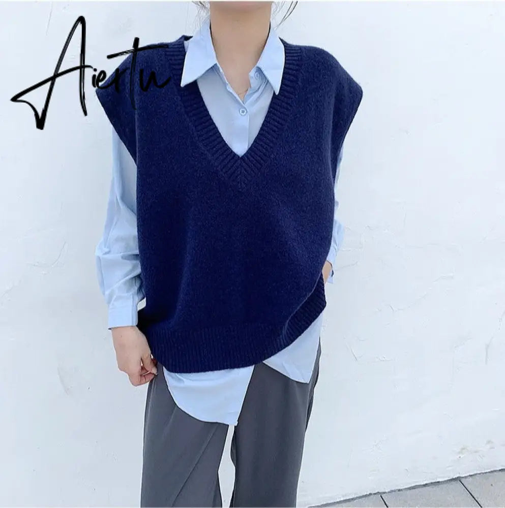 Aiertu V Neck Knitted Vest Sweater Sleeveless Women Khaki Casual Pullover Black Autumn Winter Gray Jumper Fashion Aiertu