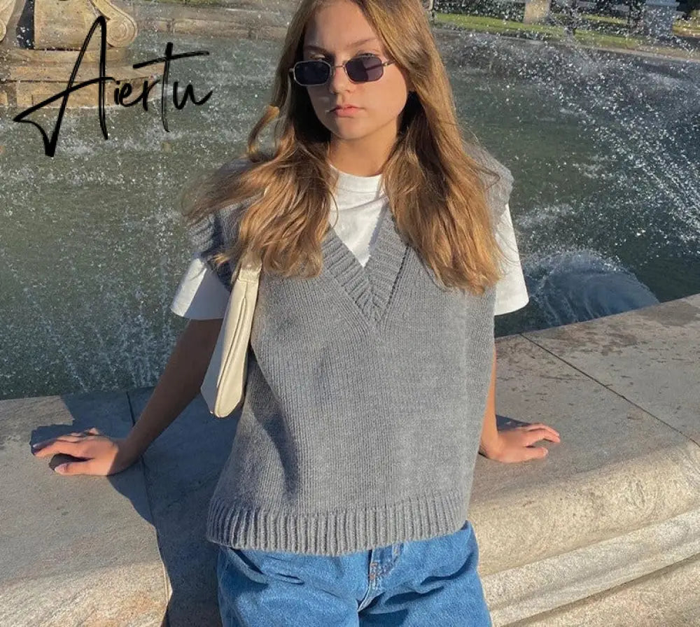 Aiertu V Neck Knitted Vest Sweater Sleeveless Women Khaki Casual Pullover Black Autumn Winter Gray Jumper Fashion Aiertu