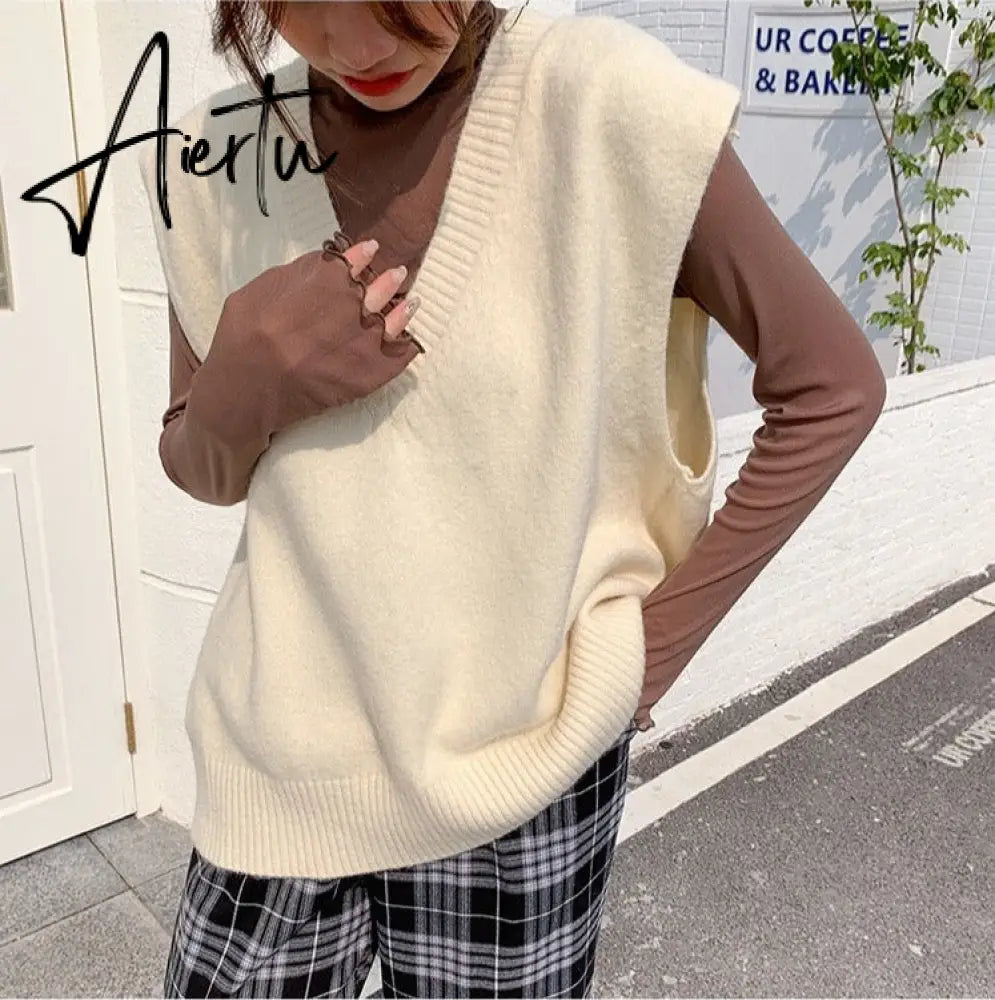 Aiertu V Neck Knitted Vest Sweater Sleeveless Women Khaki Casual Pullover Black Autumn Winter Gray Jumper Fashion Aiertu