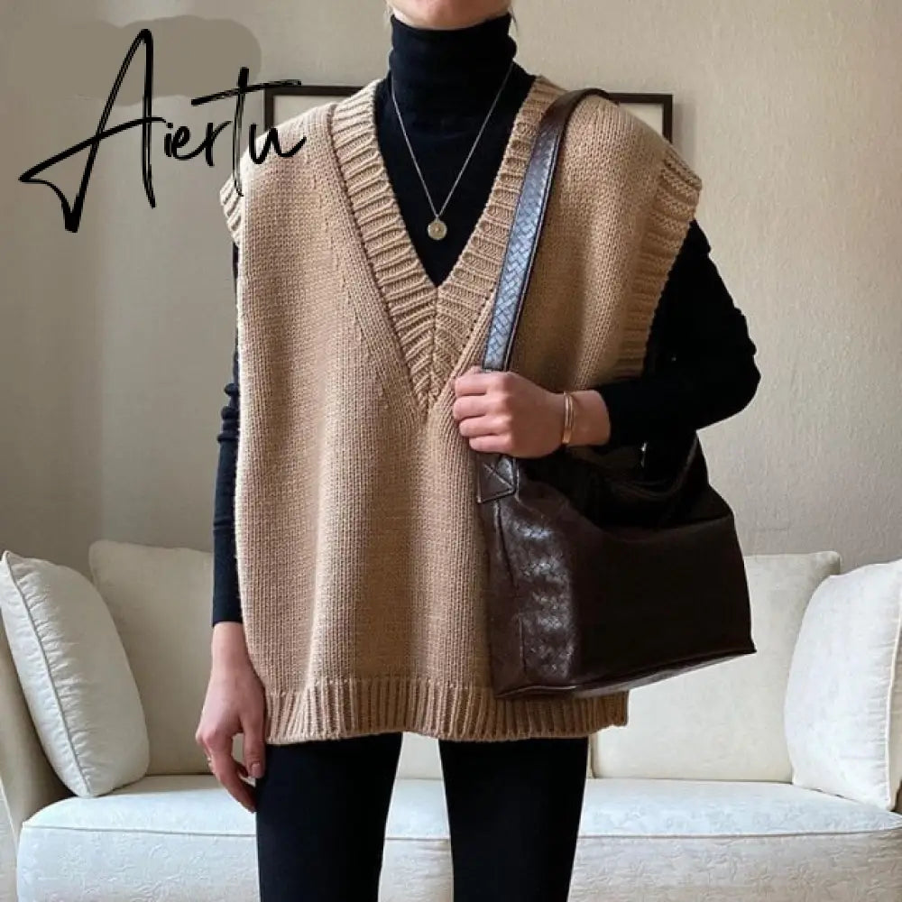 Aiertu V Neck Knitted Vest Sweater Sleeveless Women Khaki Casual Pullover Black Autumn Winter Gray Jumper Fashion Aiertu