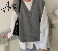 Aiertu V Neck Knitted Vest Sweater Sleeveless Women Khaki Casual Pullover Black Autumn Winter Gray Jumper Fashion Aiertu