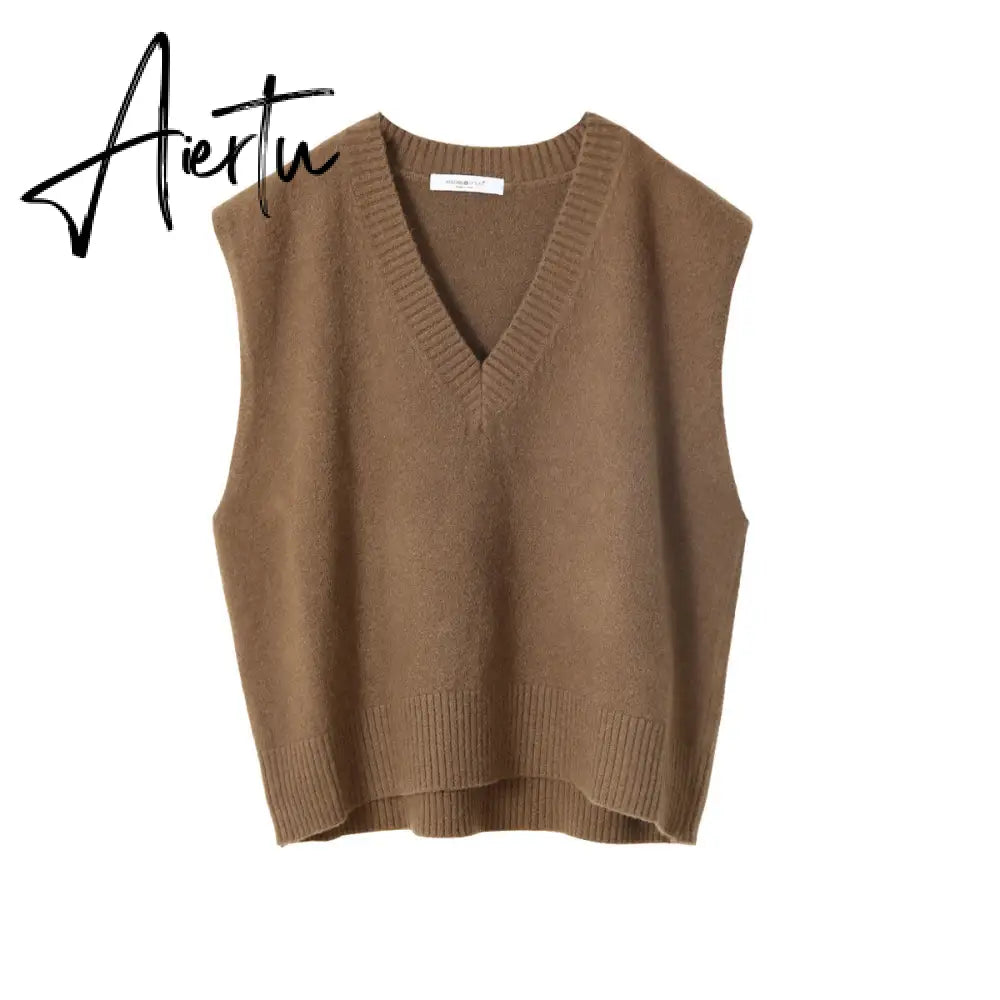 Aiertu V Neck Knitted Vest Sweater Sleeveless Women Khaki Casual Pullover Black Autumn Winter Gray Jumper Fashion Aiertu