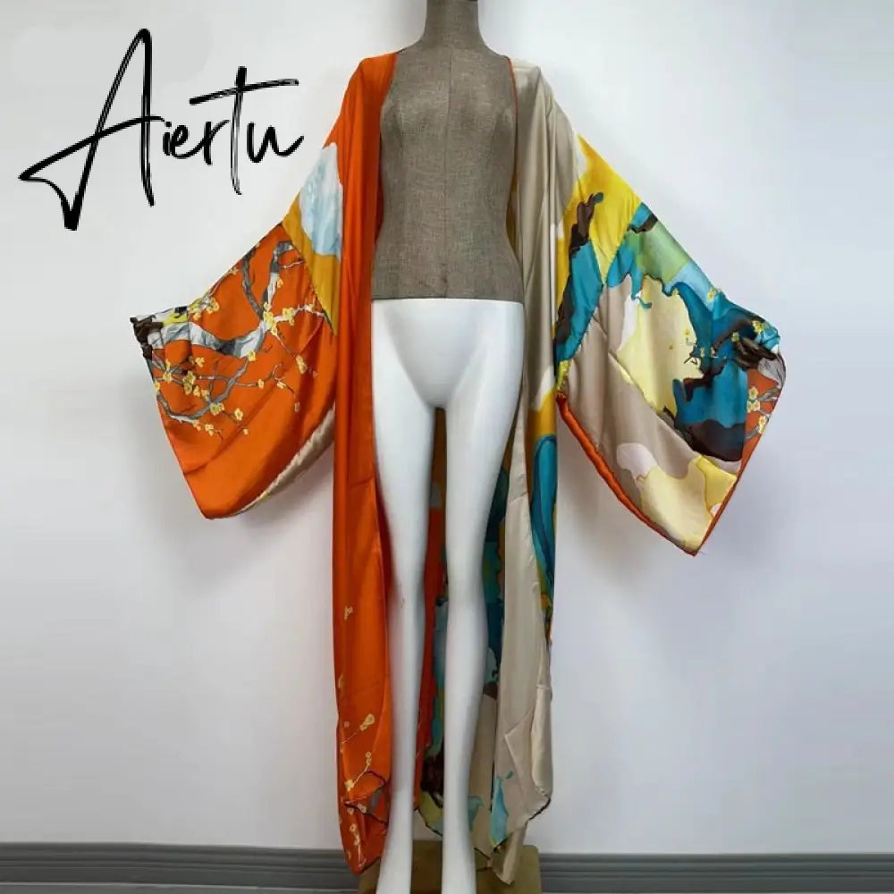 Aiertu  verano Women sukienka Print Long Sleeve Cardigan Female Blouse Loose Casual beach Cover Up boho dress party kaftan Aiertu
