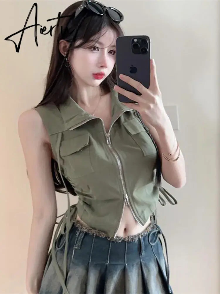 Aiertu  Vintage American Cargo Tanks Women Streetwear Sexy Cropped Slim Tees Summer Sleeveless Harajuku Hip Hop Double Zipper Tanks Aiertu