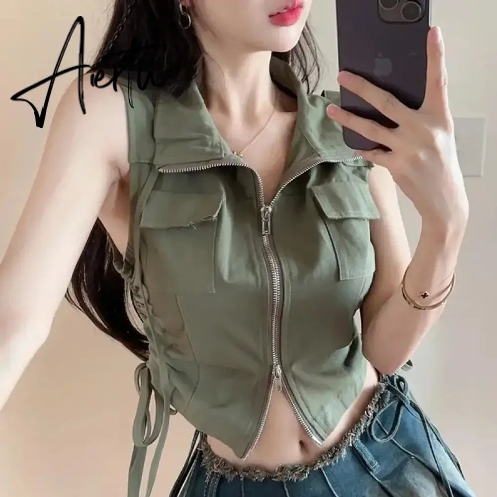 Aiertu  Vintage American Cargo Tanks Women Streetwear Sexy Cropped Slim Tees Summer Sleeveless Harajuku Hip Hop Double Zipper Tanks Aiertu