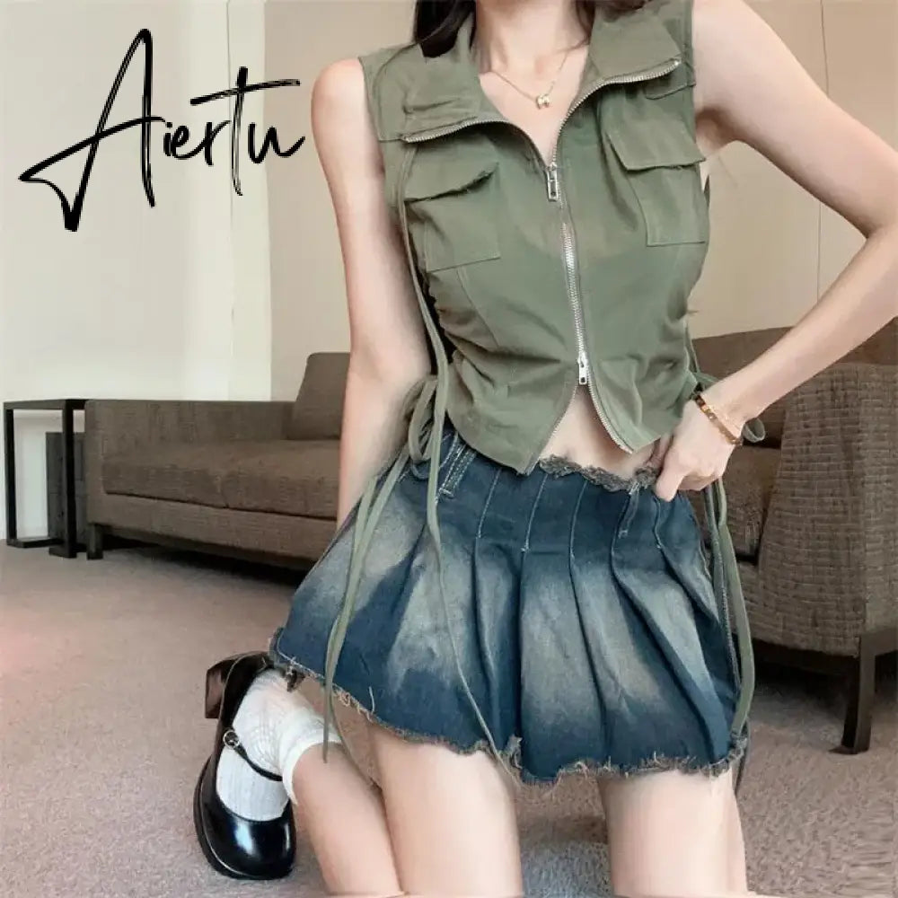 Aiertu  Vintage American Cargo Tanks Women Streetwear Sexy Cropped Slim Tees Summer Sleeveless Harajuku Hip Hop Double Zipper Tanks Aiertu