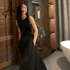 Aiertu Vintage Black Midi Dress Knitting Wedding Dresses for Women Clothing O Neck Office Lady Casual Pockets Women's Clothing Aiertu