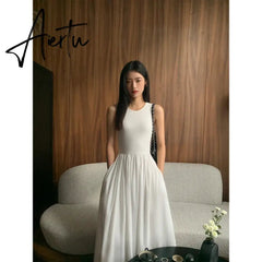 Aiertu Vintage Black Midi Dress Knitting Wedding Dresses for Women Clothing O Neck Office Lady Casual Pockets Women's Clothing Aiertu