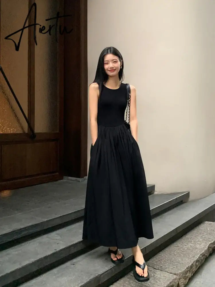 Aiertu Vintage Black Midi Dress Knitting Wedding Dresses for Women Clothing O Neck Office Lady Casual Pockets Women's Clothing Aiertu
