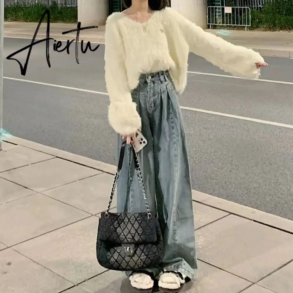 Aiertu Vintage Blue baggy Jeans Women Korean High Wiast Loose Denim Wide Leg Pants Woman Autumn Winter Streetwear Trousers Aiertu