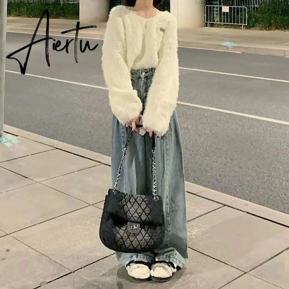 Aiertu Vintage Blue baggy Jeans Women Korean High Wiast Loose Denim Wide Leg Pants Woman Autumn Winter Streetwear Trousers Aiertu