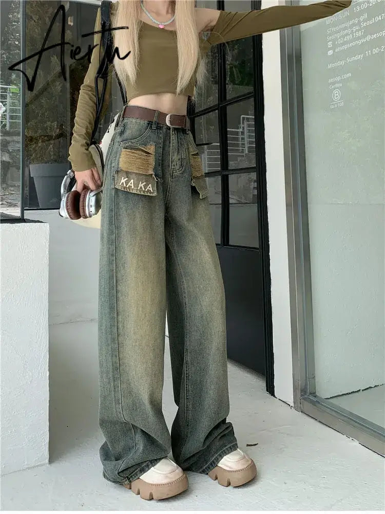 Aiertu Vintage Distressed Blue Straight Female Jeans Fashion Loose Full Length Washed Chic Pockets Women Denim Pants Lady Y2k Trousers Aiertu