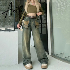 Aiertu Vintage Distressed Blue Straight Female Jeans Fashion Loose Full Length Washed Chic Pockets Women Denim Pants Lady Y2k Trousers Aiertu