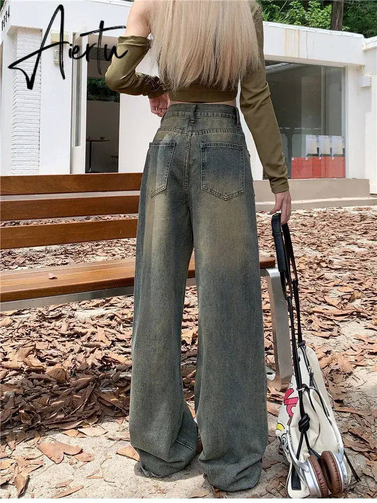 Aiertu Vintage Distressed Blue Straight Female Jeans Fashion Loose Full Length Washed Chic Pockets Women Denim Pants Lady Y2k Trousers Aiertu