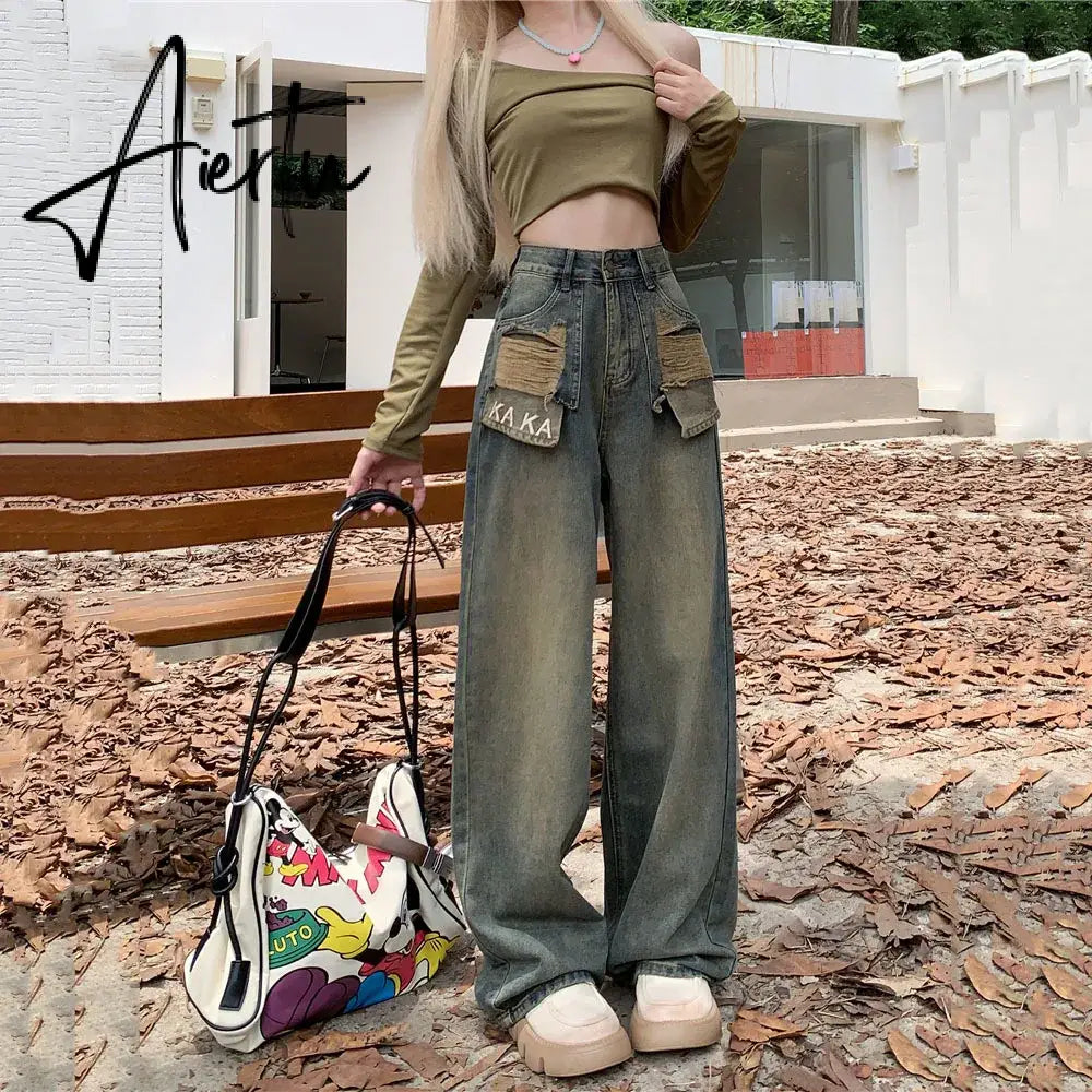 Aiertu Vintage Distressed Blue Straight Female Jeans Fashion Loose Full Length Washed Chic Pockets Women Denim Pants Lady Y2k Trousers Aiertu