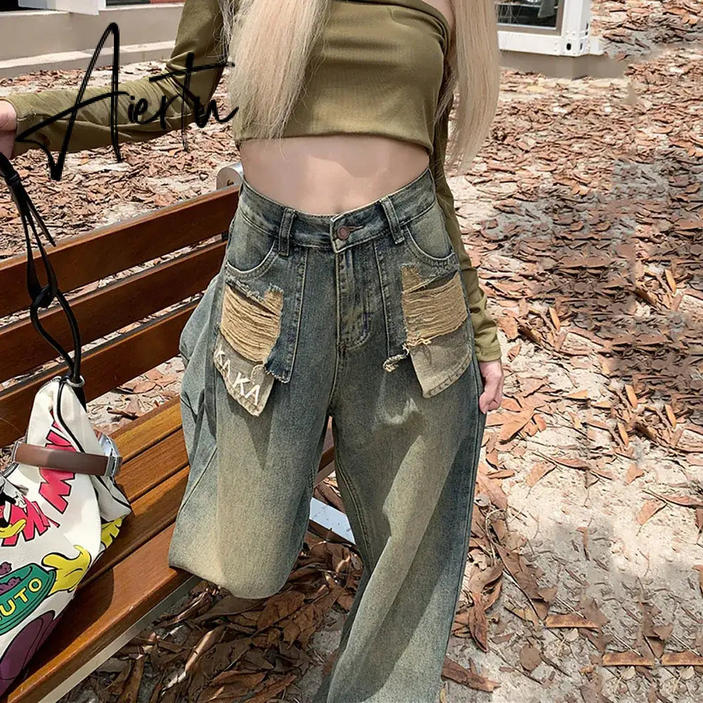 Aiertu Vintage Distressed Blue Straight Female Jeans Fashion Loose Full Length Washed Chic Pockets Women Denim Pants Lady Y2k Trousers Aiertu