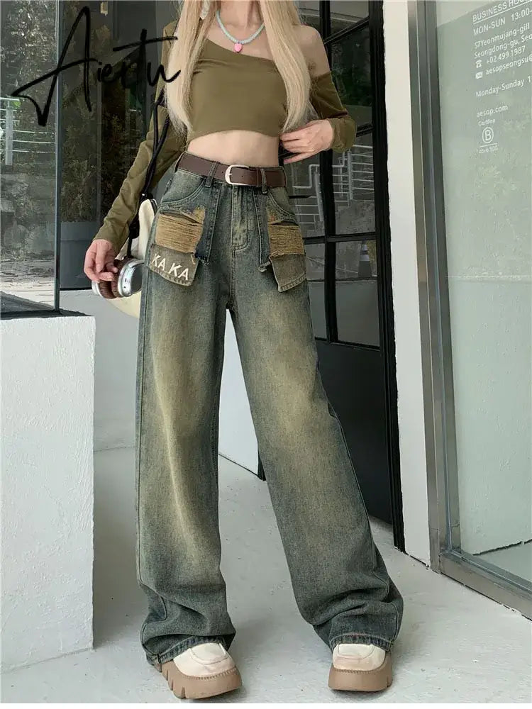 Aiertu Vintage Distressed Blue Straight Female Jeans Fashion Loose Full Length Washed Chic Pockets Women Denim Pants Lady Y2k Trousers Aiertu