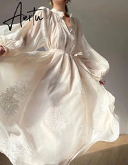 Aiertu Vintage Elegant Embroidery Evening Party Midi Dress France Lantern Sleeve Lace Up Vestidos Autumn New Women Korean Prom Clothes Aiertu