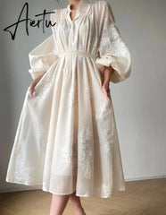 Aiertu Vintage Elegant Embroidery Evening Party Midi Dress France Lantern Sleeve Lace Up Vestidos Autumn New Women Korean Prom Clothes Aiertu
