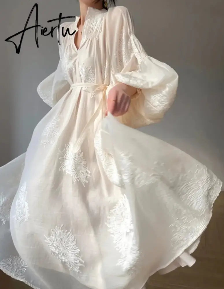 Aiertu Vintage Elegant Embroidery Evening Party Midi Dress France Lantern Sleeve Lace Up Vestidos Autumn New Women Korean Prom Clothes Aiertu