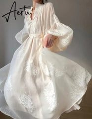 Aiertu Vintage Elegant Embroidery Evening Party Midi Dress France Lantern Sleeve Lace Up Vestidos Autumn New Women Korean Prom Clothes Aiertu