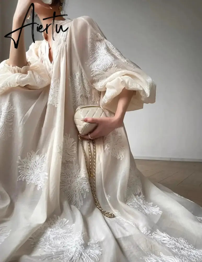 Aiertu Vintage Elegant Embroidery Evening Party Midi Dress France Lantern Sleeve Lace Up Vestidos Autumn New Women Korean Prom Clothes Aiertu