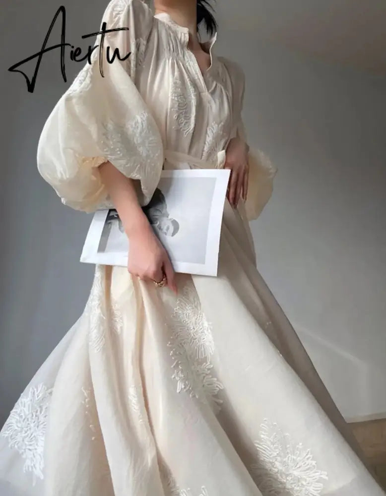 Aiertu Vintage Elegant Embroidery Evening Party Midi Dress France Lantern Sleeve Lace Up Vestidos Autumn New Women Korean Prom Clothes Aiertu